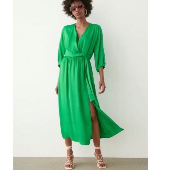 ZARA GREEN KNOTTED SATIN EFFECT DRESS Size S - Picture 4 of 11